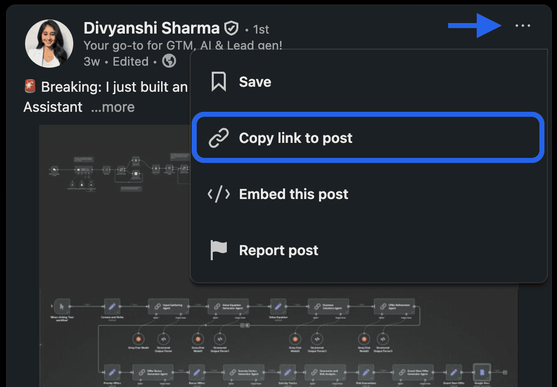 Copying the post URL — LinkedIn's post menu open, with Copy link to post highlighted