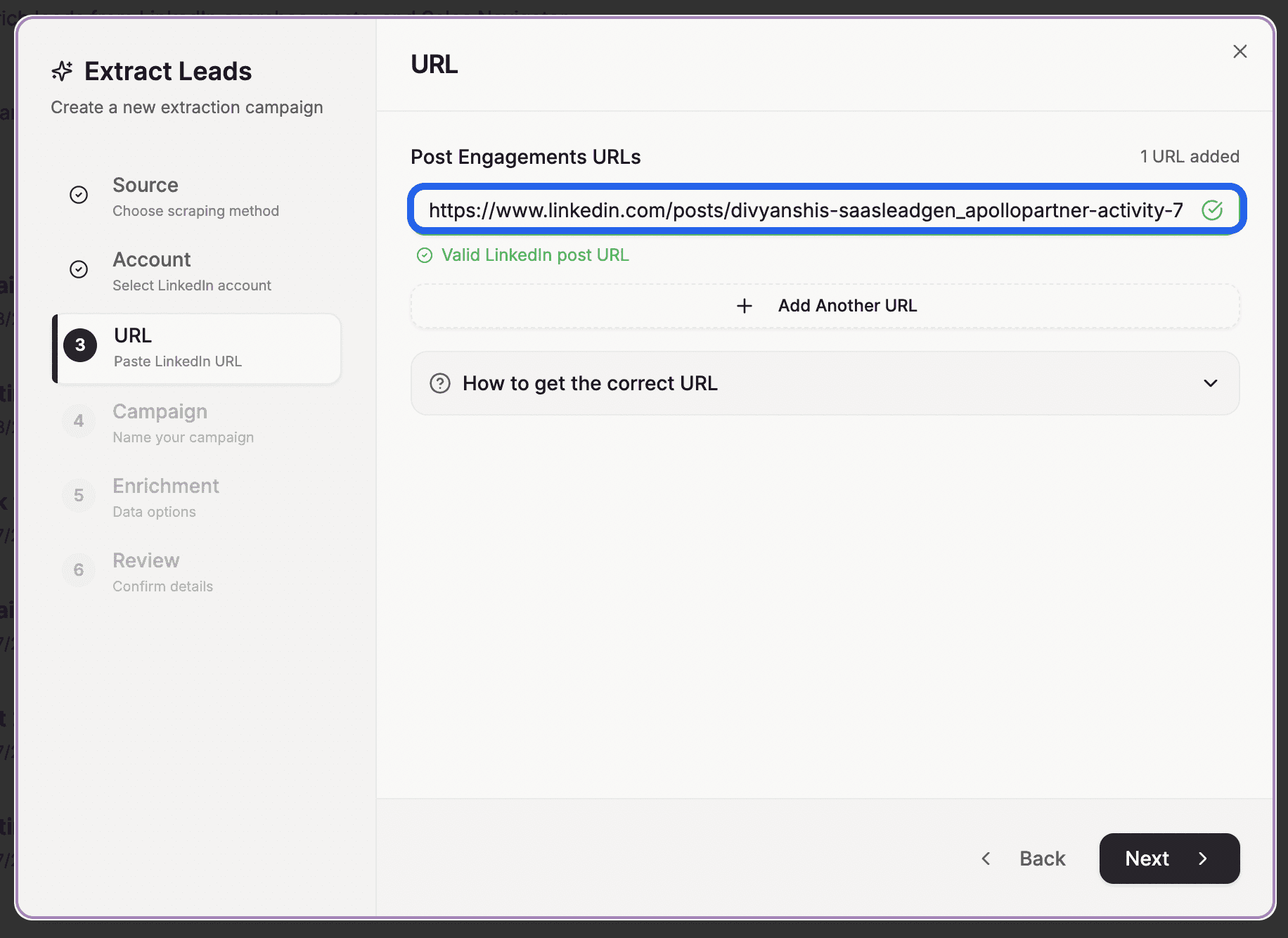 Sendler's Extract Leads wizard at the URL step, the copied LinkedIn post URL pasted and marked valid