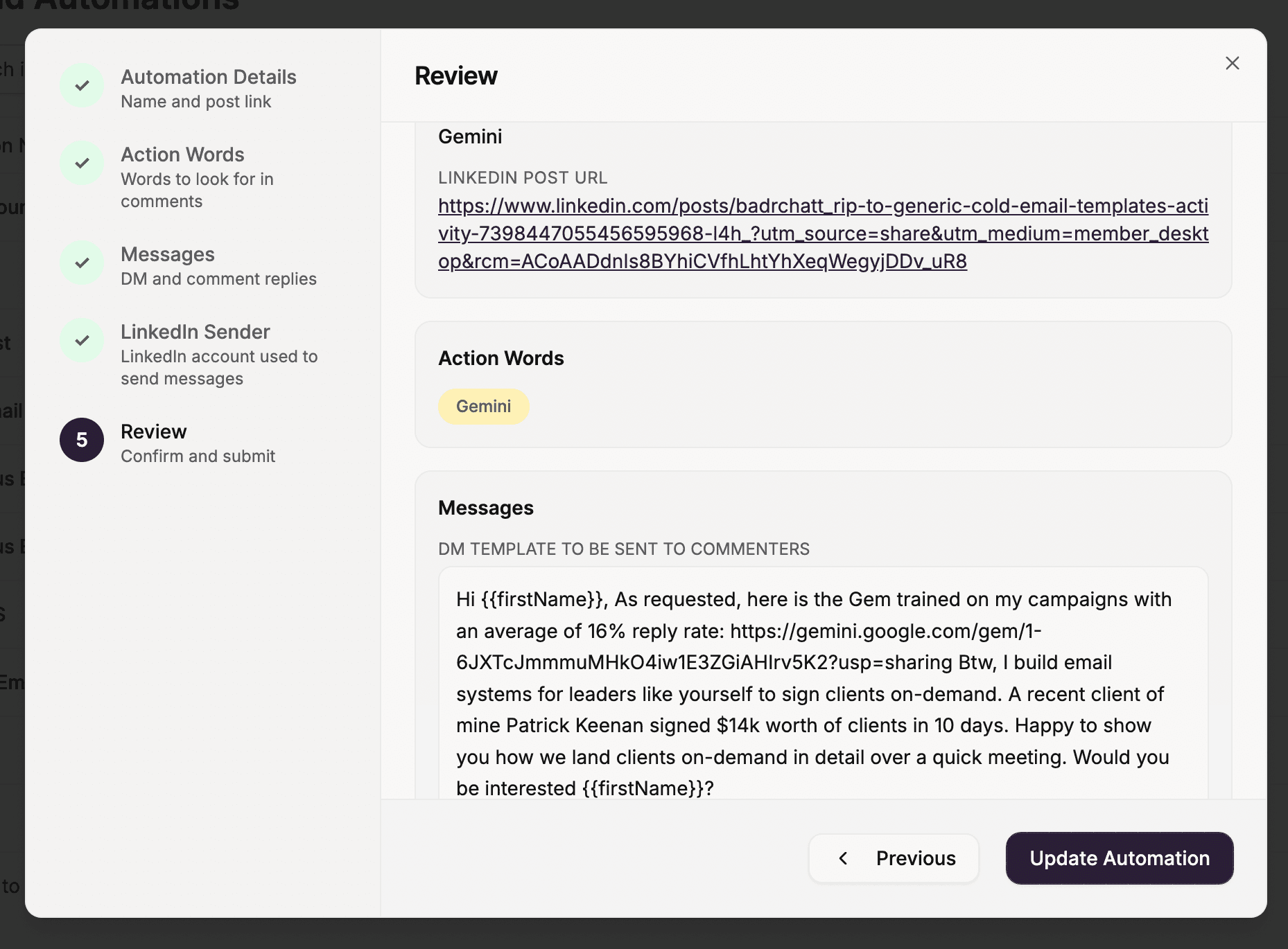 Sendler's inbound automation review step: the action word Gemini and the DM template sent to commenters